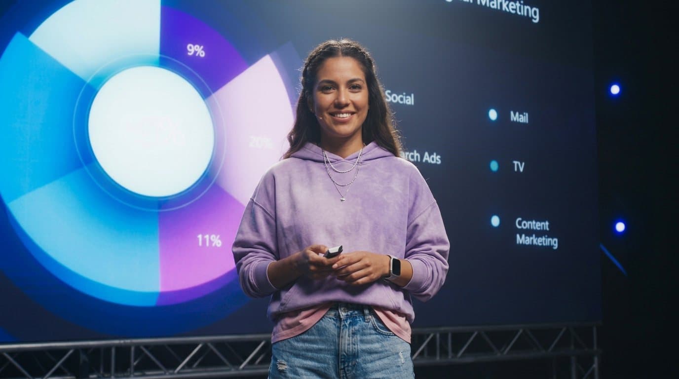 Mujer presentando en un escenario junto a un gráfico de audiencia